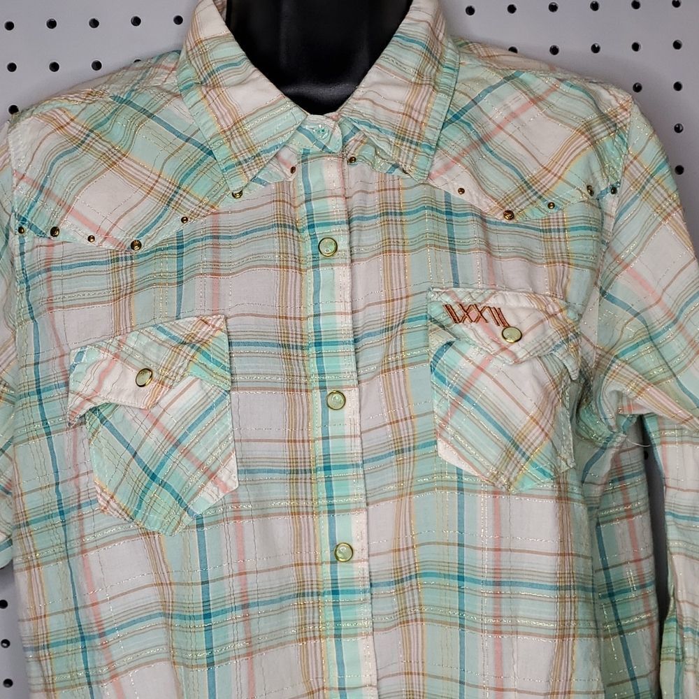 TwentyX  Mint Green Plaid Western Shirt,  Gorgeous Snaps, Sz Large